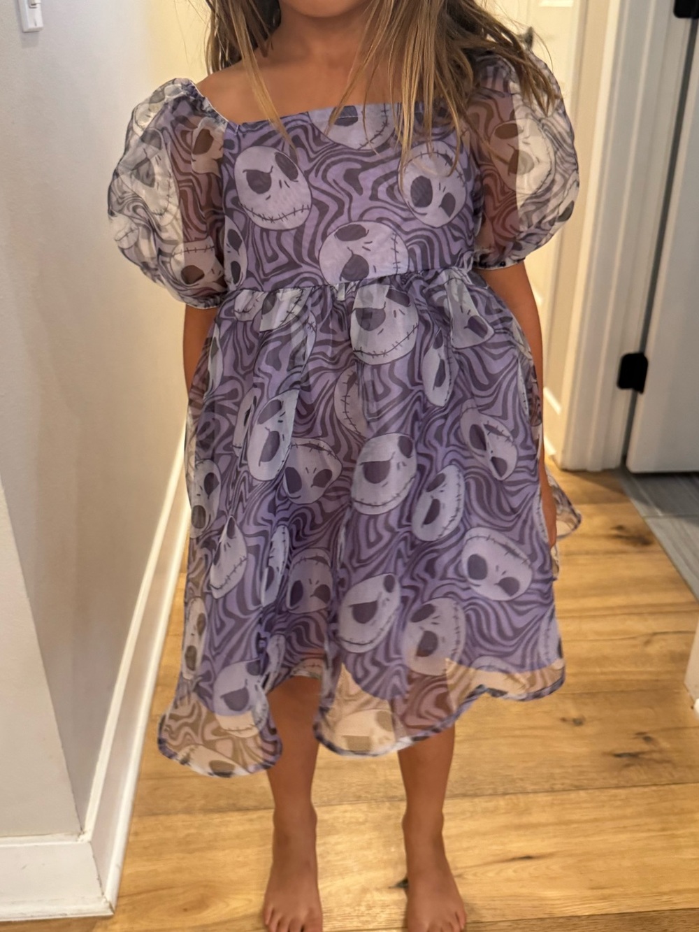 Disney Purple Nightmre Before Christmas Print Puff Sleeve Dress